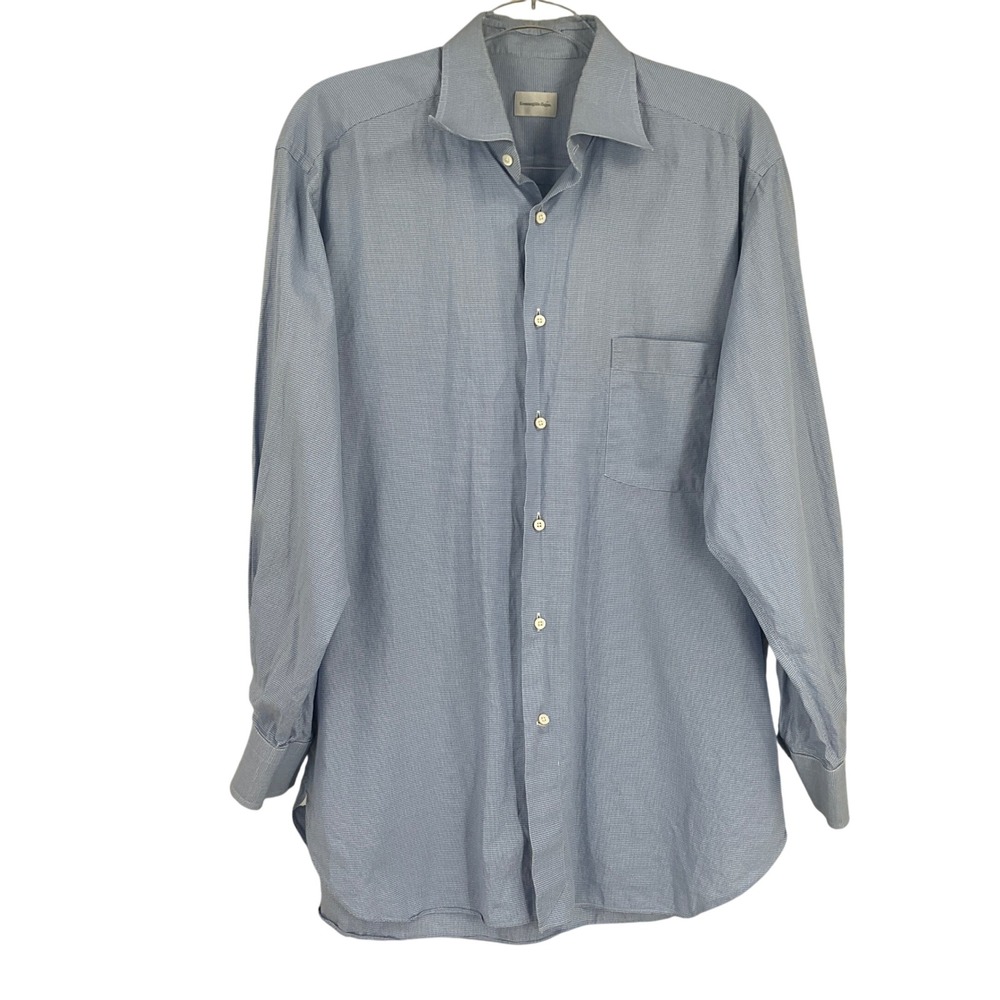 Zegna Button Down Shirt Mens 16 41 Blue Cotton Houndstooth Comfort Fit